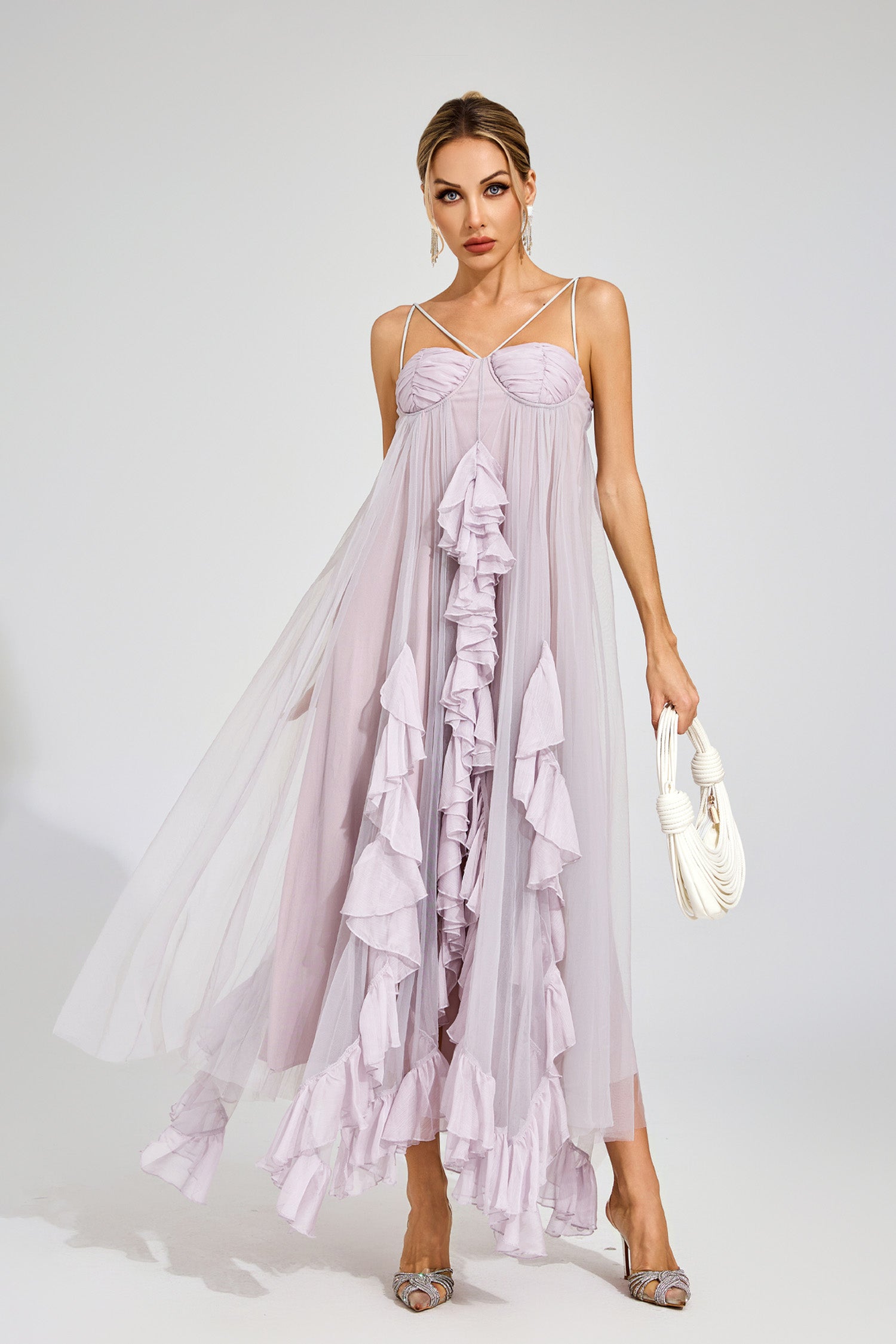 Eryxel Slit Mesh Maxi Dress In Purple