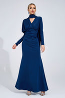 Irvexal Navy Blue Tie Maxi Dress