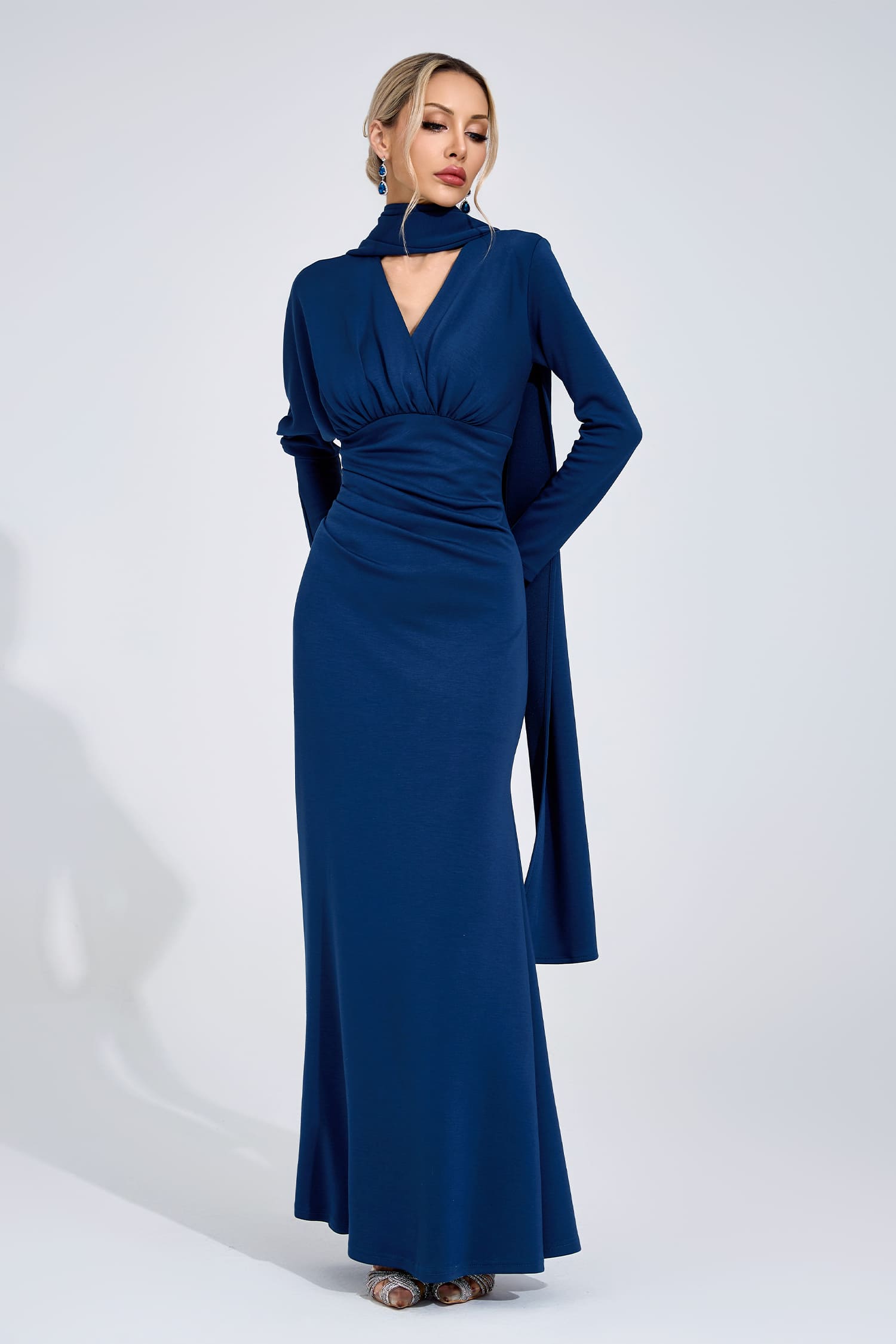 Irvexal Navy Blue Tie Maxi Dress
