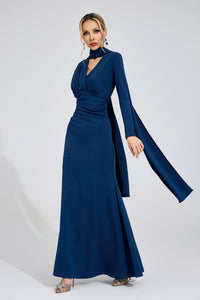 Irvexal Navy Blue Tie Maxi Dress