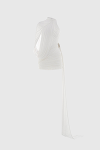 Dunia One Shoulder Asymmetric Draped Mini Dress In White