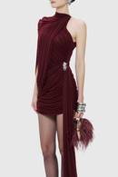 Dunia One Shoulder Asymmetric Draped Mini Dress In Wine