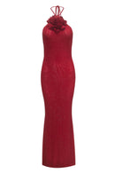 Calypsa 3D Flower Sequin Halter Maxi Dress In Red
