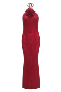 Calypsa 3D Flower Sequin Halter Maxi Dress In Red