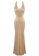 Hyrth Halter Sequin Maxi Dress In Gold