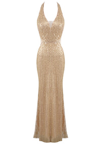 Hyrth Halter Sequin Maxi Dress In Gold