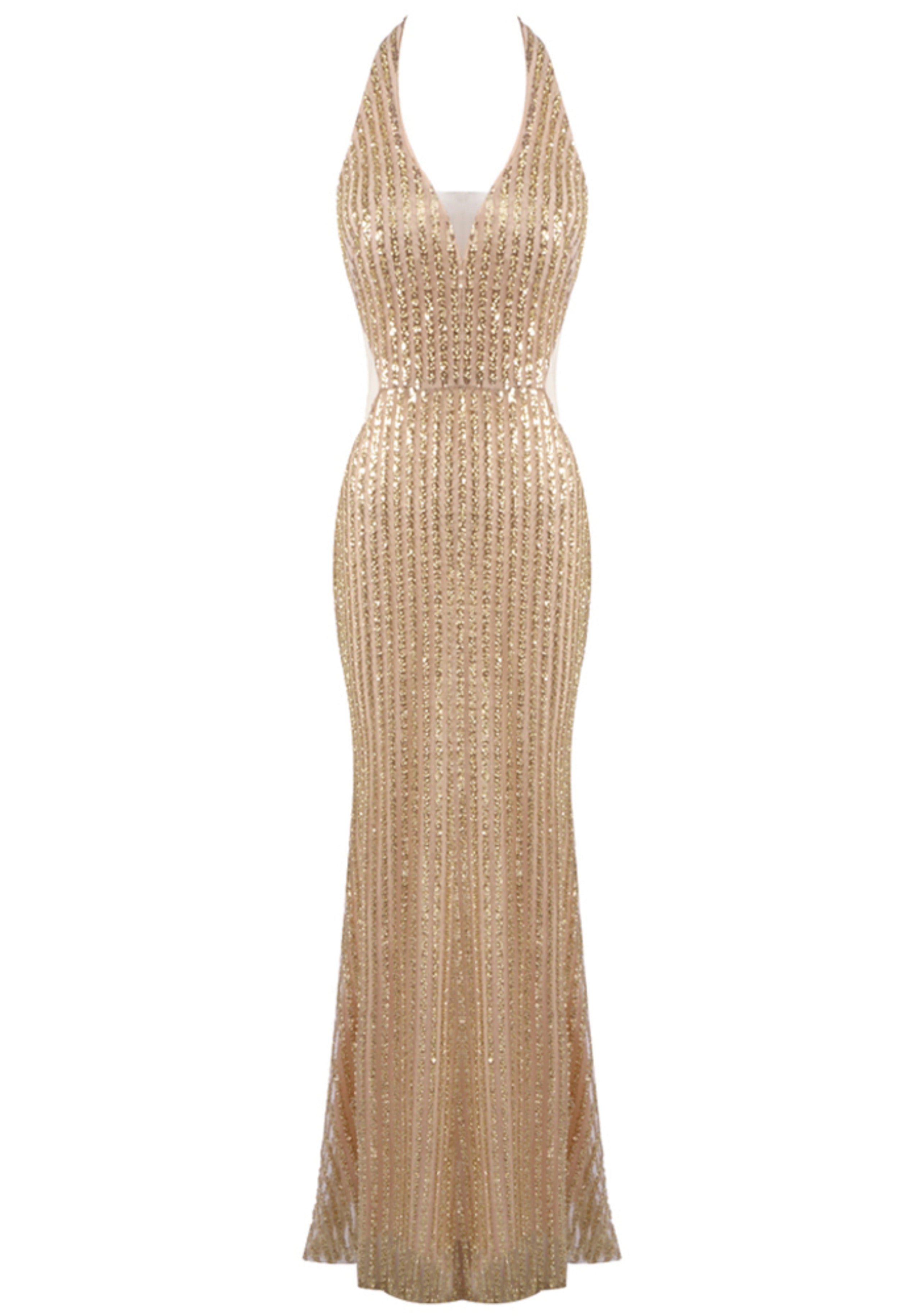 Hyrth Halter Sequin Maxi Dress In Gold