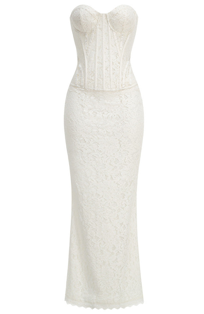 Fareed Strapless Lace Corset Two Piece Maxi Dress In White