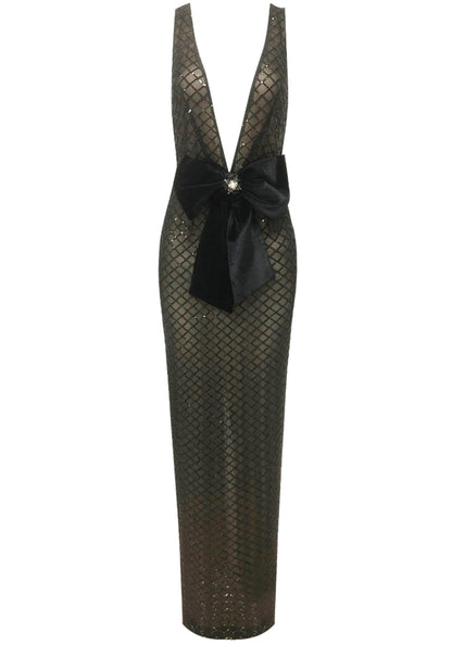 Akhil Bow Detail Sequin Maxi Dress In Black