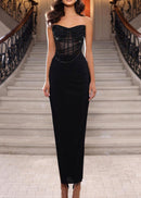 Hajar Strapless Sparkly Corset Maxi Velvet Dress In Black