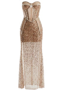 Nathalie Strapless Pearl Bustier Sequin Maxi Dress In Apricot