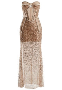 Nathalie Strapless Pearl Bustier Sequin Maxi Dress In Apricot