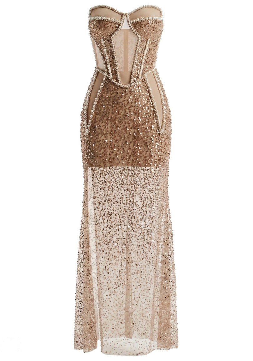 Nathalie Strapless Pearl Bustier Sequin Maxi Dress In Apricot