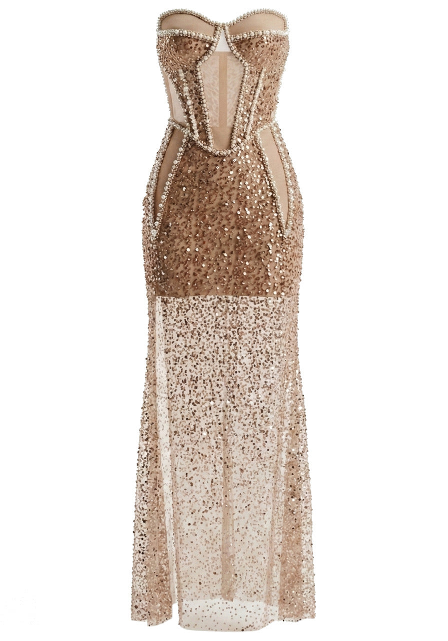 Nathalie Strapless Pearl Bustier Sequin Maxi Dress In Apricot