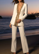 Ronaele ong Sleeve Embellished Neckline Suit In White