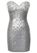 Jexelle Strapless Crystal Bustier Woodgrain Foil Print Dress In Silver