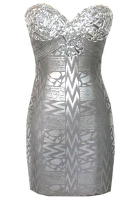 Jexelle Strapless Crystal Bustier Woodgrain Foil Print Dress In Silver