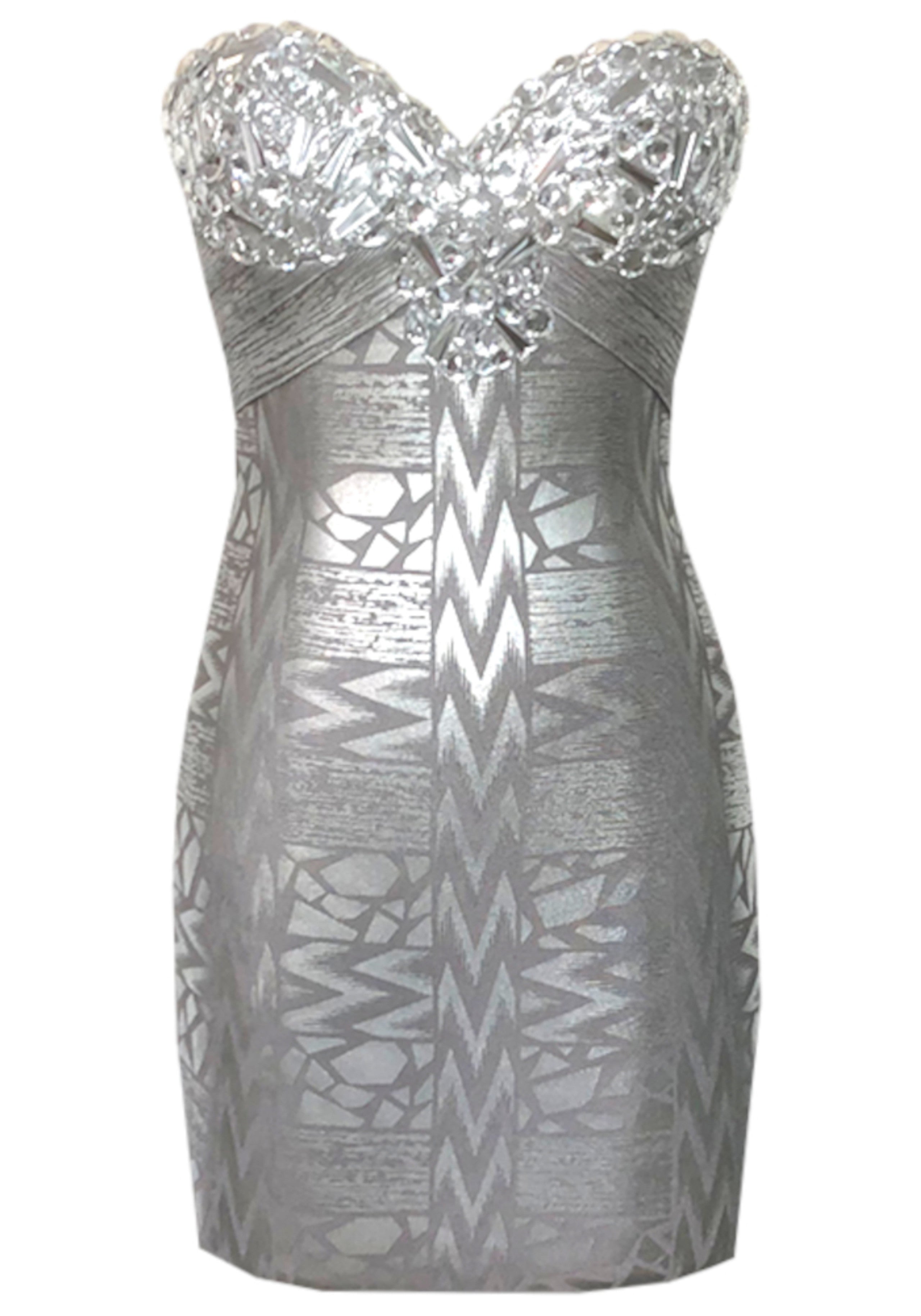 Jexelle Strapless Crystal Bustier Woodgrain Foil Print Dress In Silver