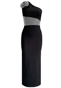 Wiebke One Shoulder Crystal Floral Detail Maxi Dress In Black