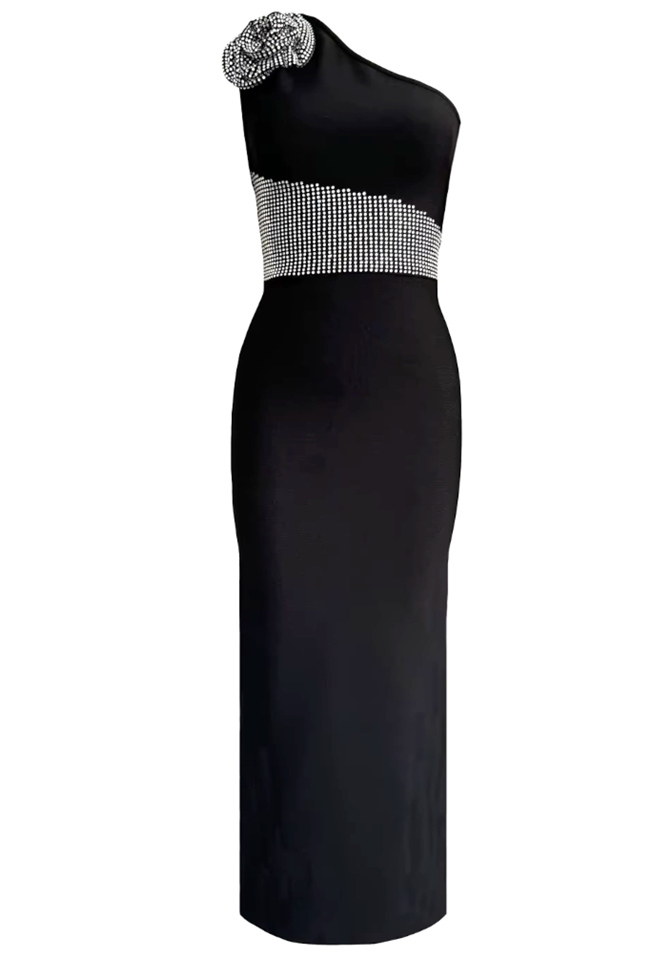 Wiebke One Shoulder Crystal Floral Detail Maxi Dress In Black