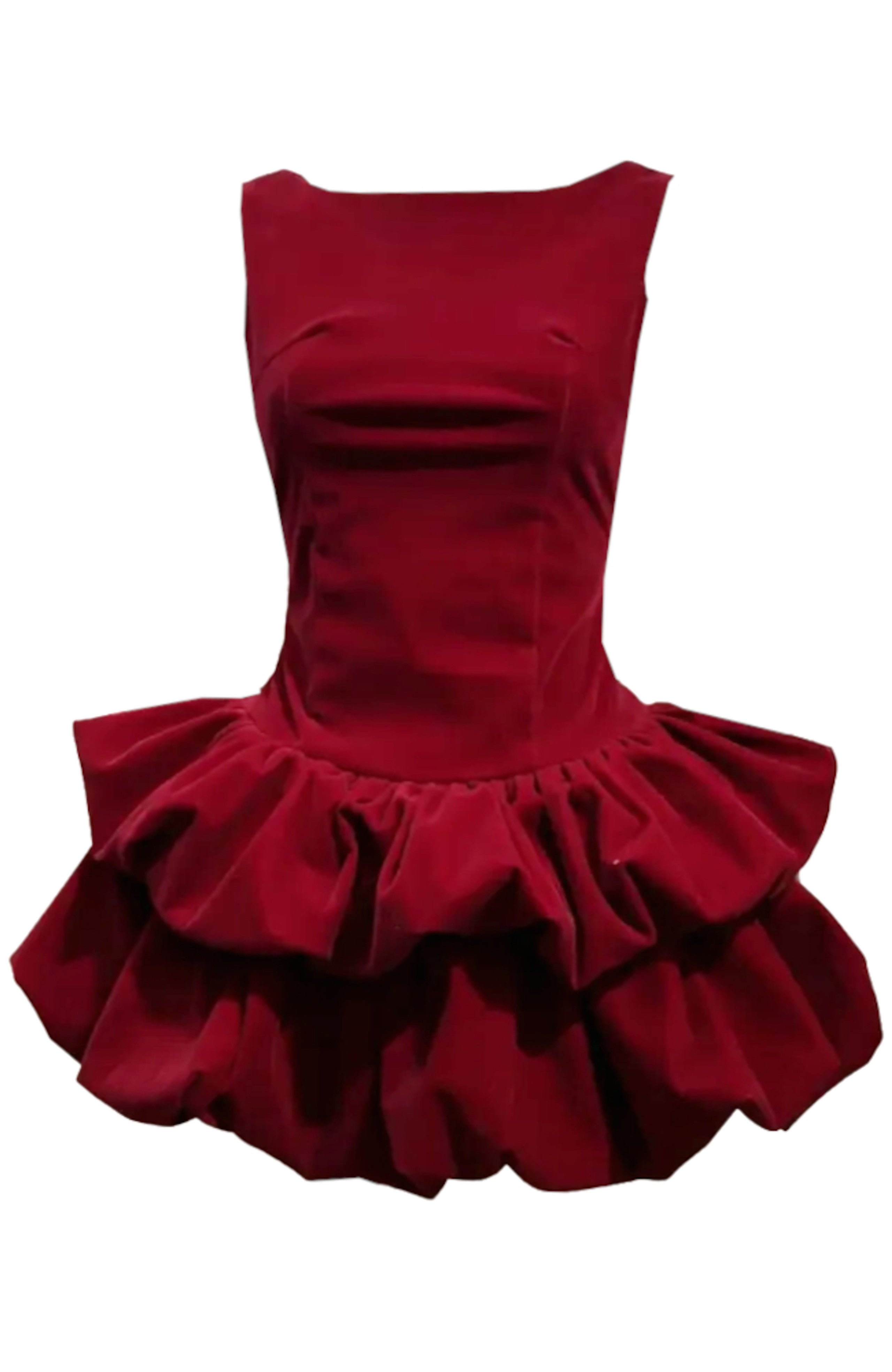 Aidric Puff Detail Velvet Mini Dress In Red