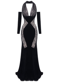 Brielle Long Sleeve Halter Lace Maxi Velvet Dress In Black