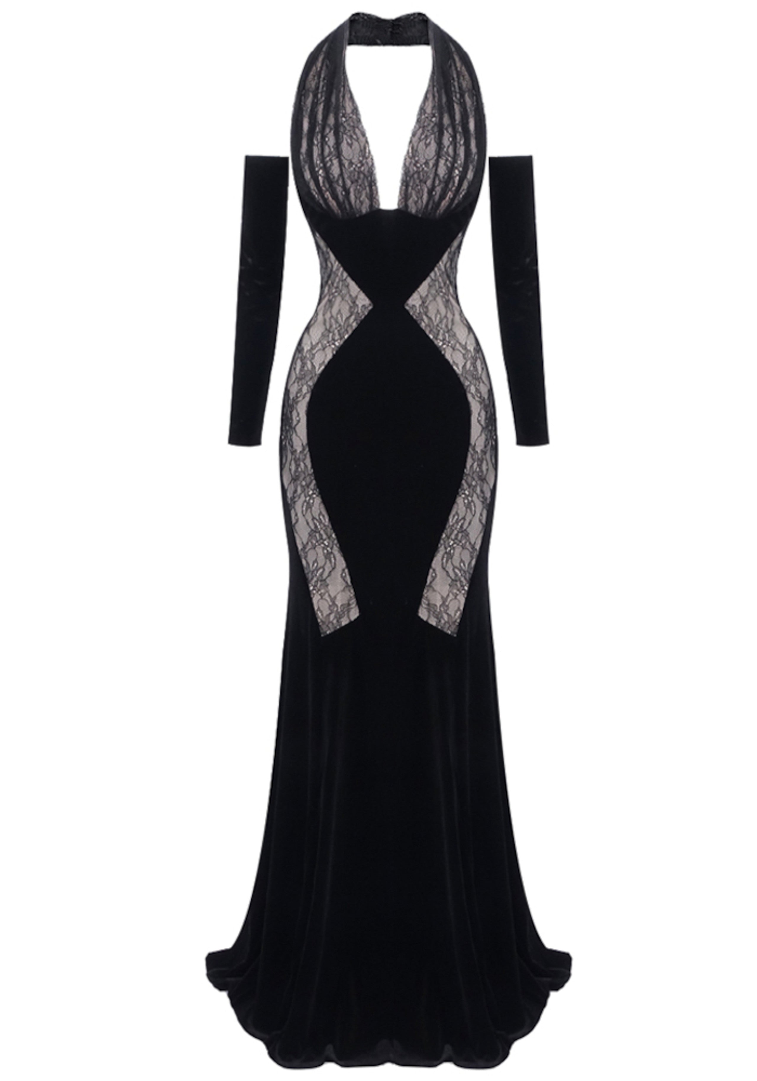 Brielle Long Sleeve Halter Lace Maxi Velvet Dress In Black