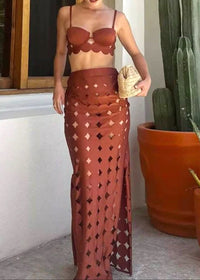 Naida Scalloped Three Piece Maxi Dress In Brown