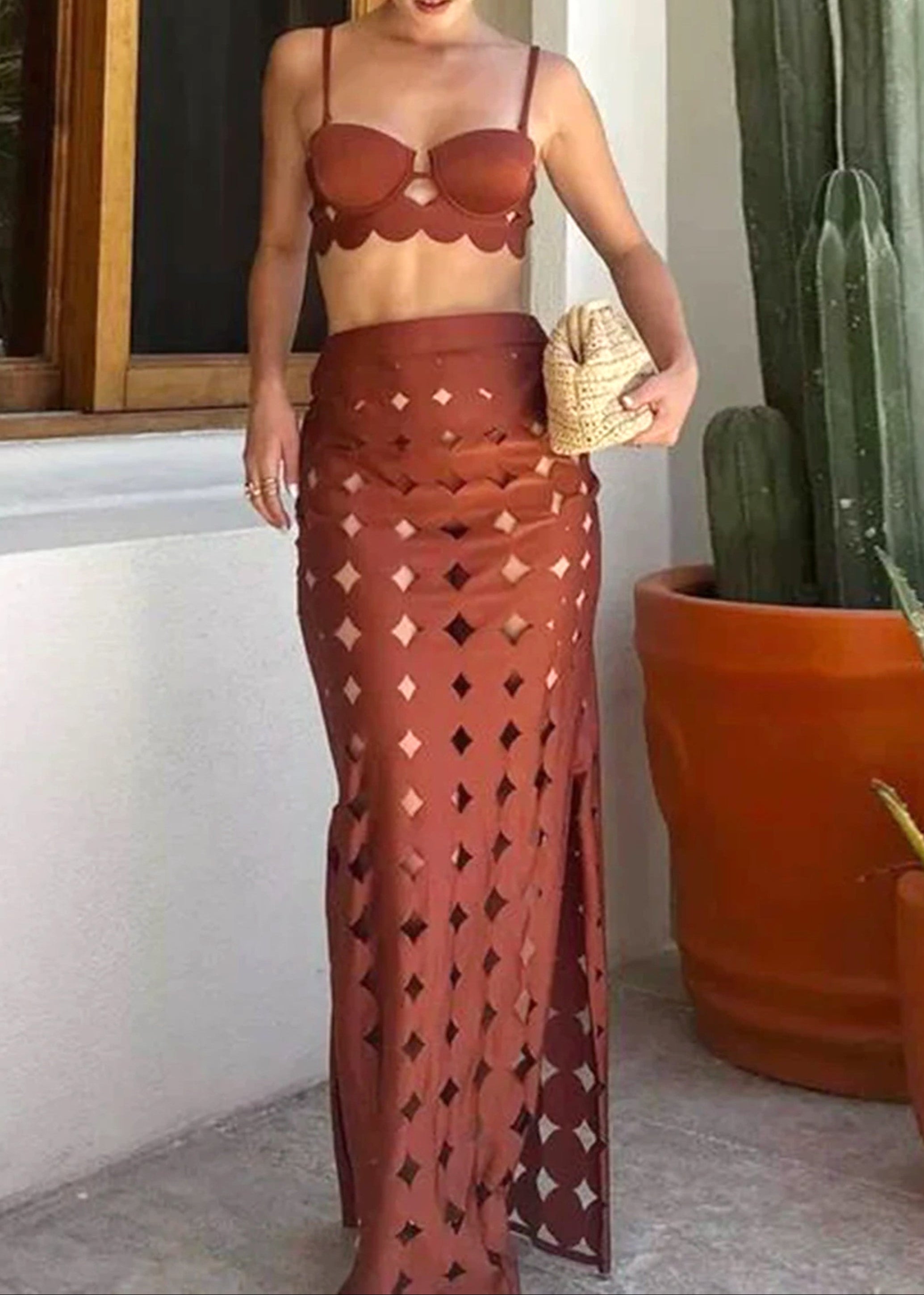 Naida Scalloped Three Piece Maxi Dress In Brown