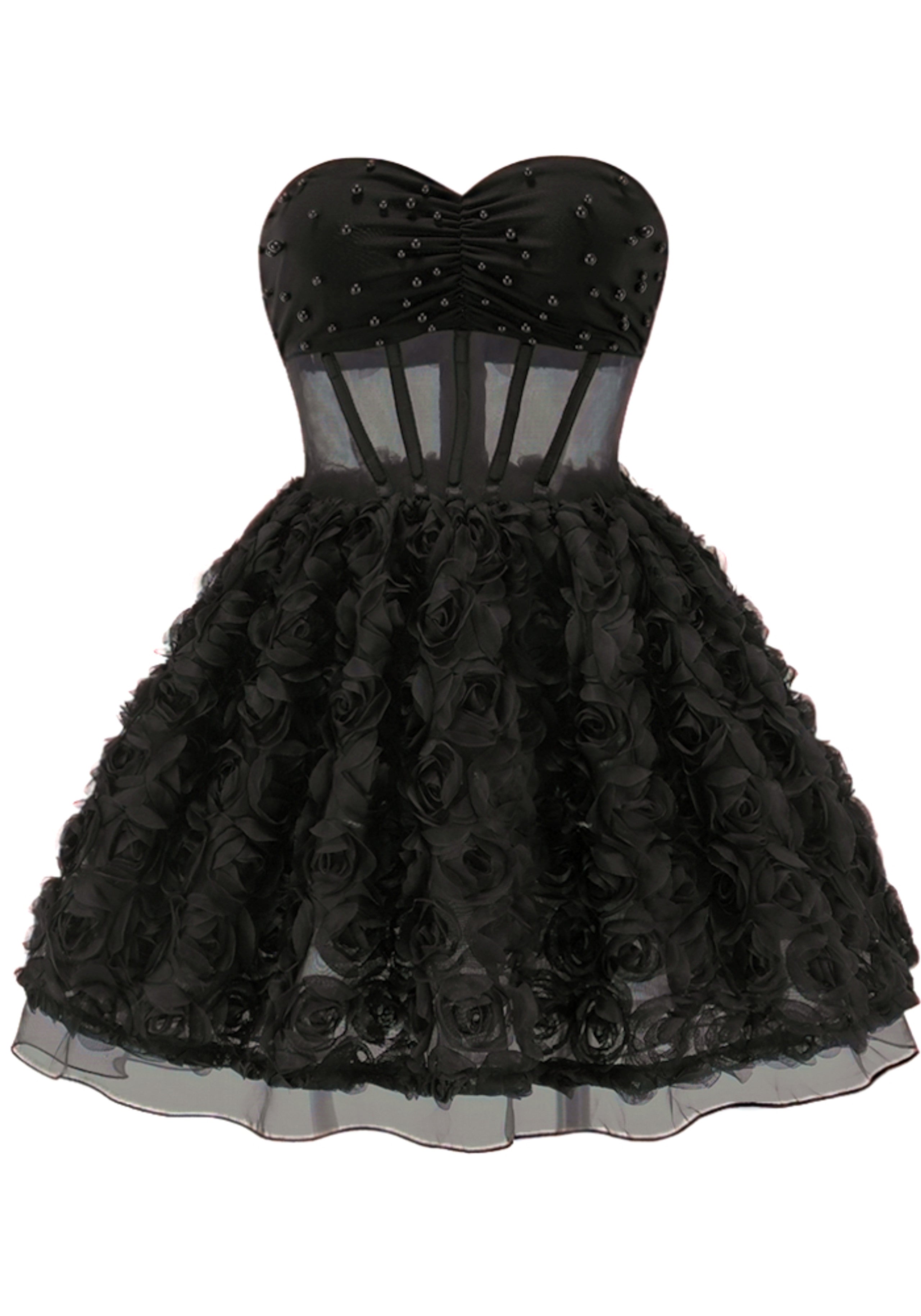 Osorio Strapless 3D Floral A Line Mini Dress In Black