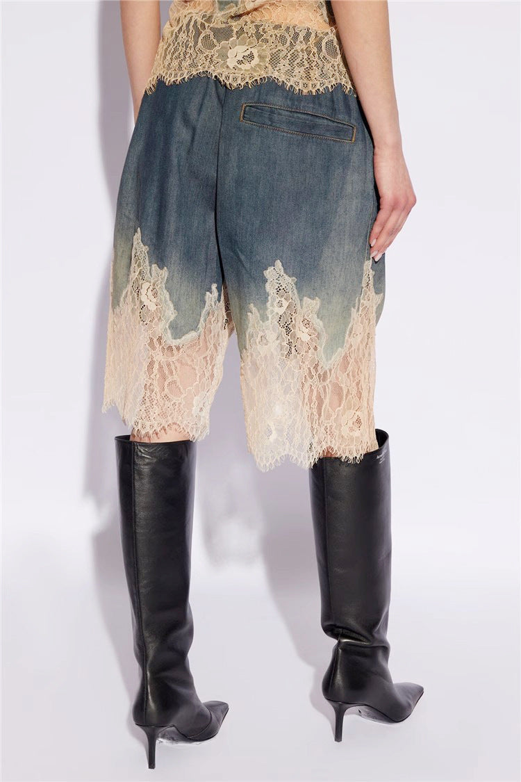 Laure Lace-Detail Denim Top & Shorts Matching Set