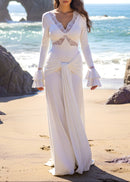 Grabrol Long Sleeve Lace Draped Maxi Dress In White