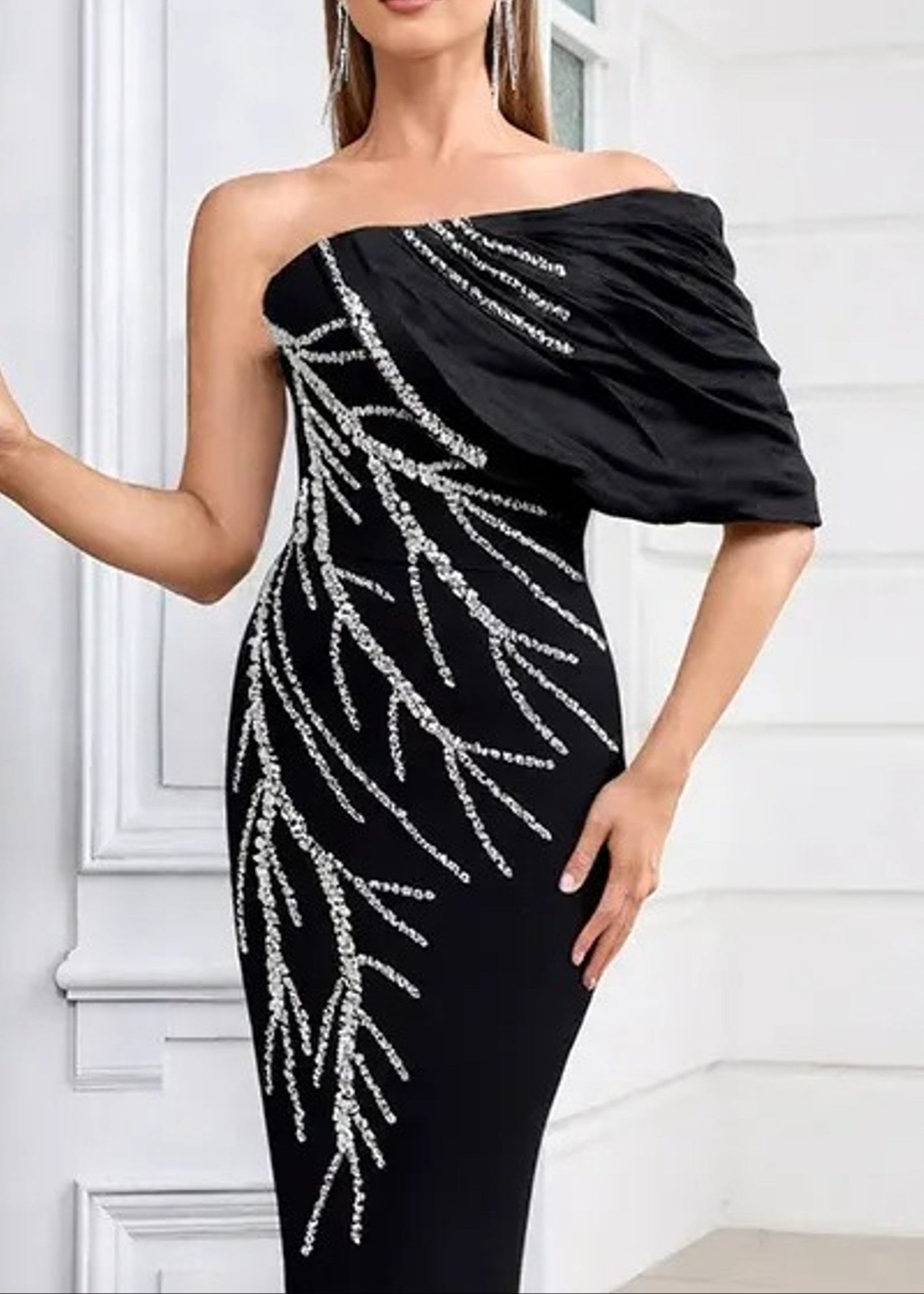 Hyrion Bardot Crystal Pearl Maxi Dress In Black