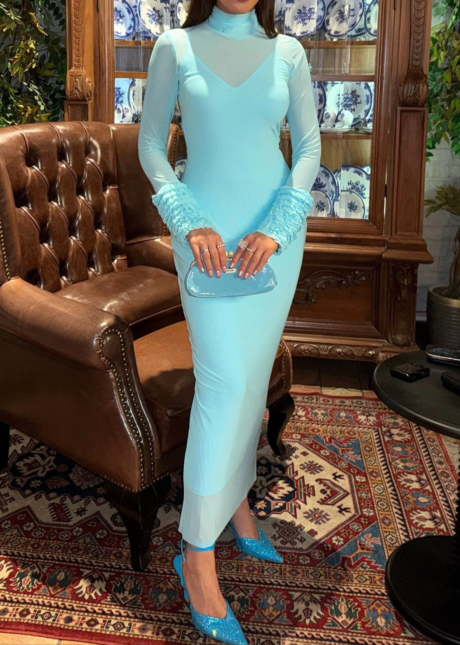 Avaldric Ruffle Long Sleeve Mesh Maxi Dress In Turquoise – Night Novas