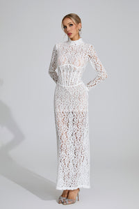 Heyren Long Sleeve Structured Lace Maxi Dress In White