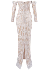 Corvain Long Sleeve Bardot Maxi Dress In Nude