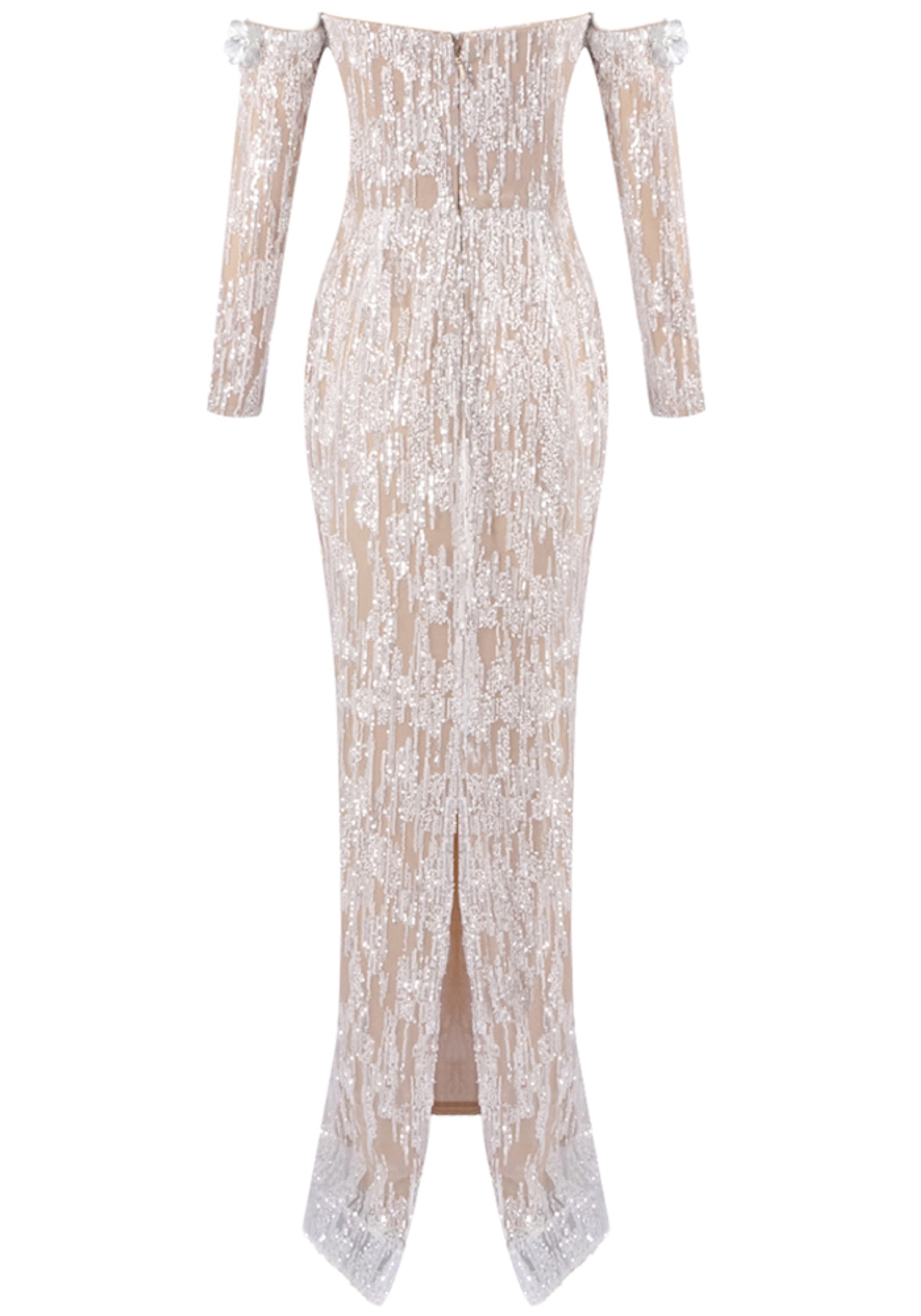 Corvain Long Sleeve Bardot Maxi Dress In Nude