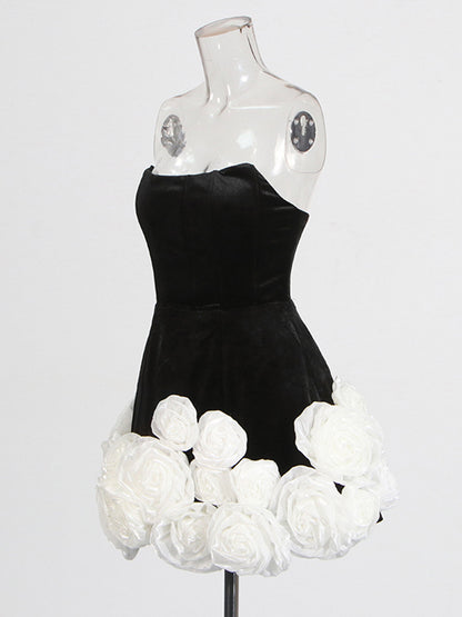 Haidar Flower-Embellished-Hem Strapless Mini Dress In Black