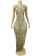 Kreutzix Crystal Fringe Split Maxi Dress