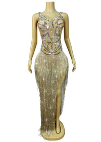 Kreutzix Crystal Fringe Split Maxi Dress