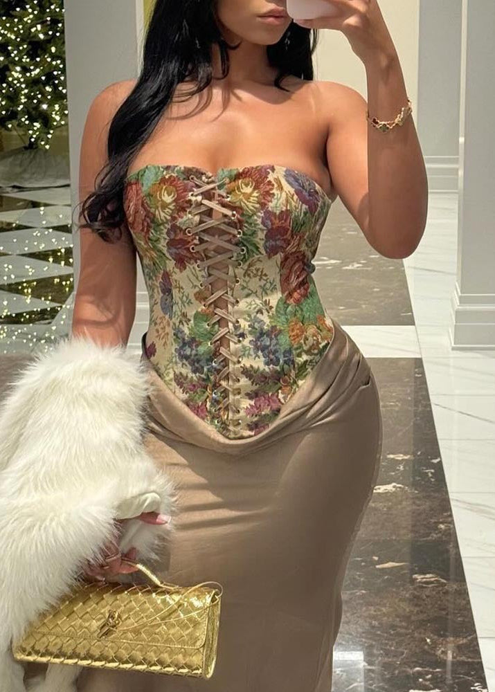 Qaeltric Strapless Lace Up Floral Top