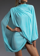 Dravyx Long Sleeve Fold Splice Mini Dress In Blue