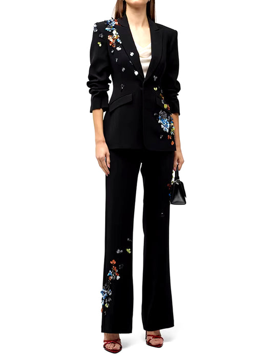 Penez Long Sleeve Sequin Floral Detail Suit In Black