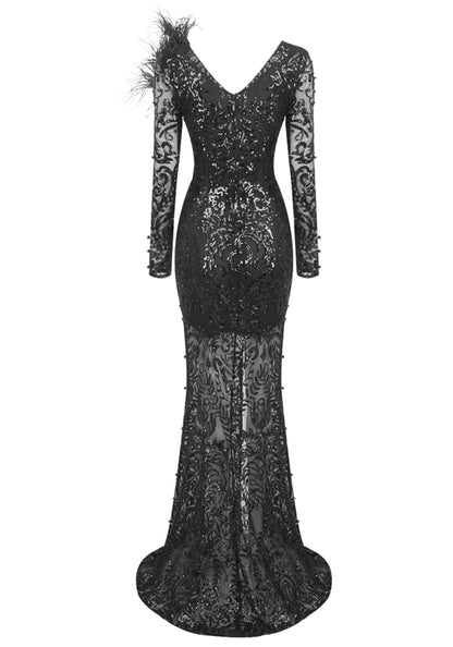 Eorkonweald Long Sleeve Feather Detail Sequin Maxi Dress In Black