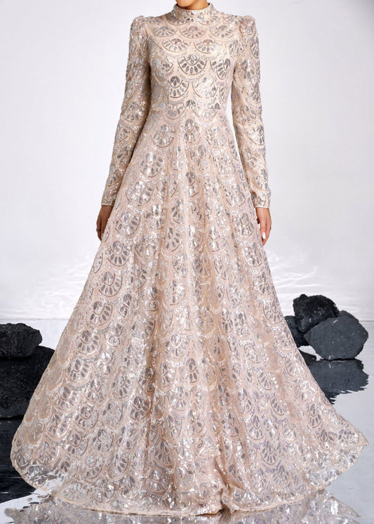 Cicek Long Sleeve Lace Back Sequin Maxi Dress In Gold