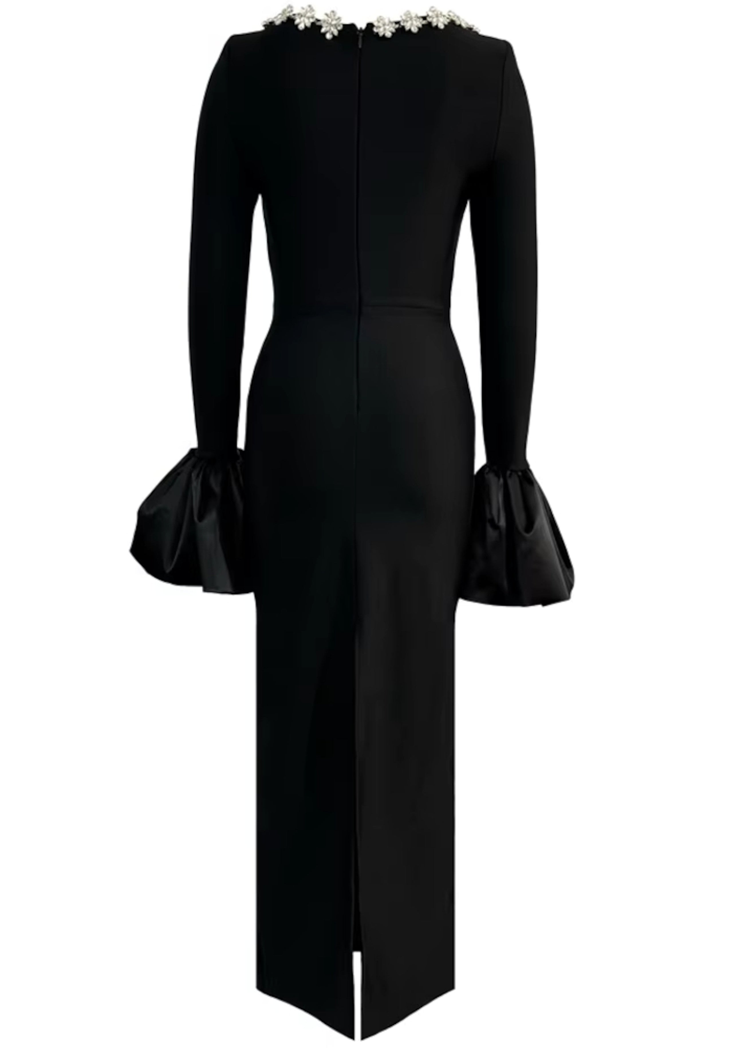 Vyxaria Long Sleeve Crystal Neckline Maxi Dress In Black