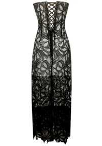 Avena Strapless Floral Corset Midi Dress In Black