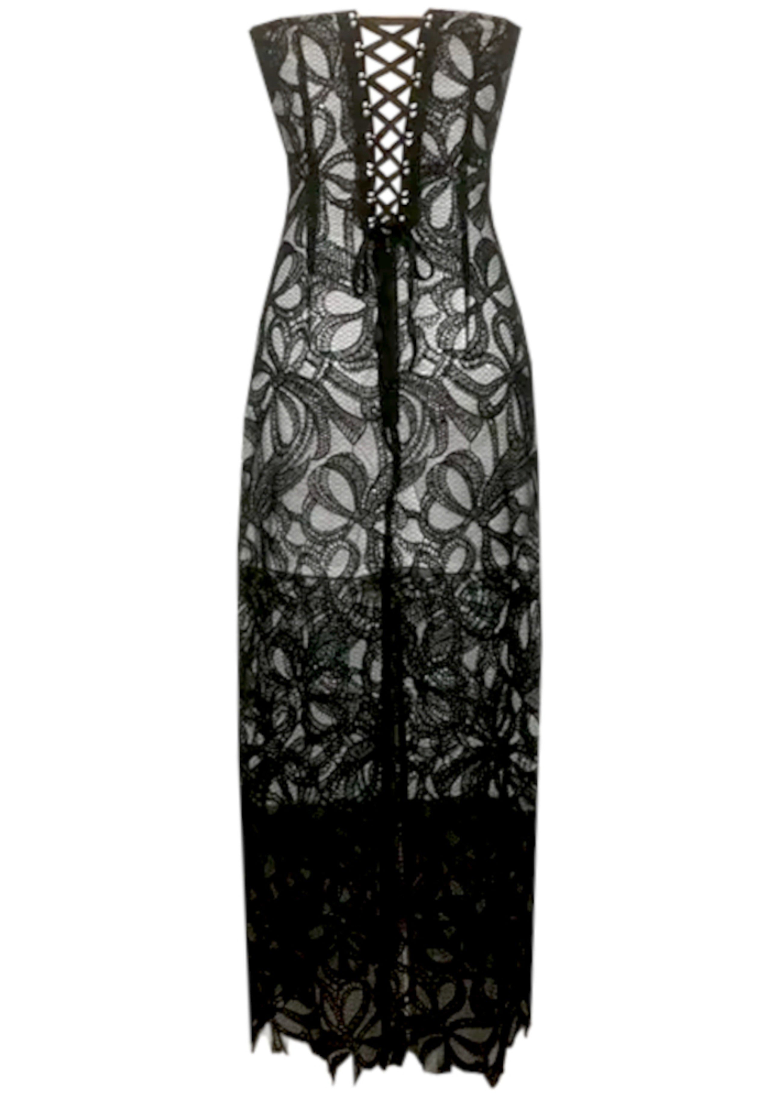 Avena Strapless Floral Corset Midi Dress In Black