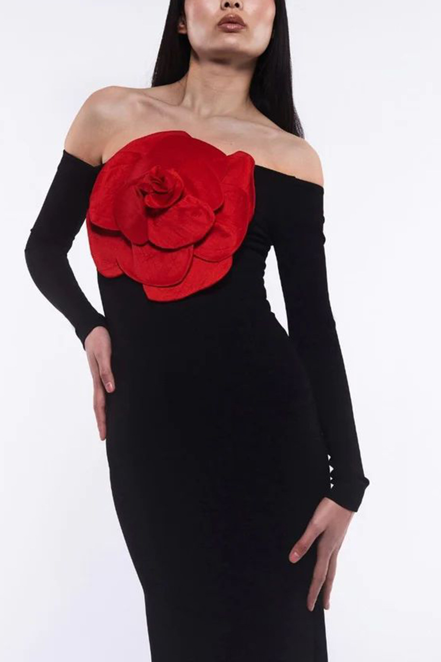 Bonnie Off Shoulder Red Flower Maxi Dress