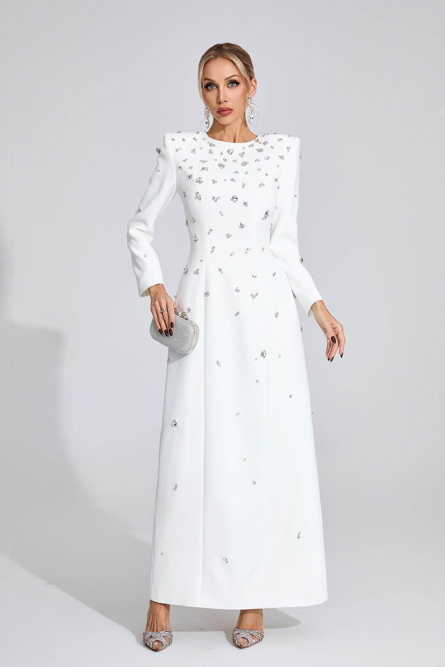 Bethel Long Sleeve Crystal A Line Maxi Dress In White